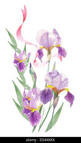 Blumenstrauß aus Iris und rosa Schleife. Handgemachte Aquarellillustration. Für Verpackungsdesign, Karten, Cover, Ausdrucke, Produktetiketten und Stoff. Stockfoto