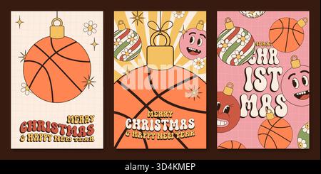 Basketball-Karten zu Weihnachten und Neujahr. Retro 70er Jahre Weihnachtsdesign für Weihnachtsfeier Einladung. Minimales Kunstbanner, Poster, Titelvorlagen. Vektorillustra Stock Vektor
