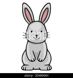Entzückender grauer Hase mit rosa Innenohren, als charmante Vektorillustration auf einem sauberen weißen Hintergrund dargestellt, perfekt für Frühlings- oder Ostermotive. Stock Vektor