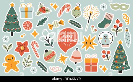 Vektor-Set von niedlichen Weihnachtsaufklebern mit festlichen Elementen Bäumen, Geschenken, Zuckerstangen, Lebkuchen, Schneemann, und Dekorationen. Urlaub einfach Stock Vektor