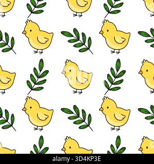 Ein bezauberndes nahtloses Vektormuster mit entzückenden gelben Küken und grünen Blattzweigen auf einem sauberen weißen Hintergrund, perfekt für Frühling und Easte Stock Vektor