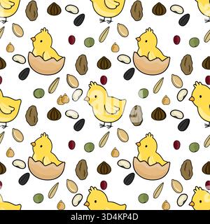 Ein bezauberndes nahtloses Vektormuster mit entzückenden gelben Küken, die aus Eiern und verstreuten Vogelsamen schlüpfen. Stock Vektor
