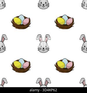 Skurriles nahtloses Vektor-Muster mit niedlichen Osterhasen Gesichtern und bunten Eiern in Nestern auf weißem Hintergrund, perfekt für festliche Designs. Stock Vektor