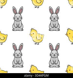 Nahtloses Vektormuster mit niedlichen Karikaturen Osterhasen und Küken auf weißem Hintergrund, perfekt für Frühlingsmotive. Stock Vektor
