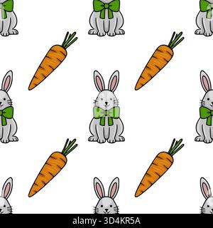 Bezauberndes nahtloses Vektor-Muster mit niedlichen grauen Häschen mit grünen Schleifen und hellen orangen Karotten auf einem sauberen weißen Hintergrund, perfekt für Ostern Stock Vektor