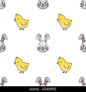 Nahtloses Vektormuster mit entzückenden Karikaturen Osterhasen und Küken auf einem sauberen weißen Hintergrund, perfekt für festliche Designs. Stock Vektor