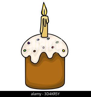 Eine bezaubernde Vektor-Illustration eines dekorierten Ostertortes mit einer beleuchteten Kerze, in einem einfachen, handgezeichneten Stil. Stock Vektor