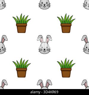 Nahtloses Vektormuster mit niedlichen Karikaturhasen Gesichtern und Topfgras, perfekt für Frühlings- und Osterhintergründe. Stock Vektor