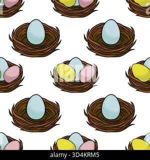 Nahtloses sich wiederholendes Vektormuster mit bezaubernden Nestern gefüllt mit pastellfarbenen Ostereiern, die einen wunderbaren Frühlingshintergrund schaffen. Stock Vektor