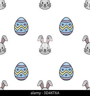 Nahtloses Vektormuster mit niedlichen Comic Osterhasen Gesichtern und dekorierten Eiern in pastellblauen und gelben Tönen. Stock Vektor