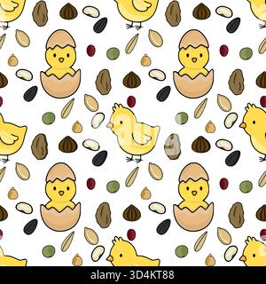 Nahtloses Vektormuster mit niedlichen Zeichentrickküken, die aus Eiern schlüpfen und verstreuten Vogelsamen, perfekt für Frühlings- und Tiermotive. Stock Vektor