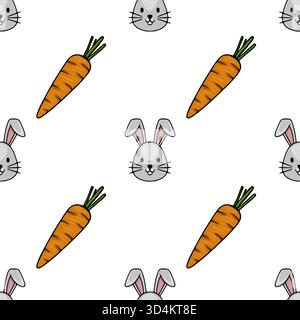 Bezauberndes nahtloses Vektormuster mit niedlichen, stilisierten Häschengesichtern und leuchtenden Karotten auf weißem Hintergrund, perfekt für verspielte Designs. Stock Vektor