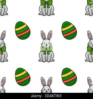 Nahtloses Vektormuster der niedlichen grauen Osterhasen mit grünen Bögen und bunten gestreiften Eiern auf einem weißen Hintergrund. Stock Vektor
