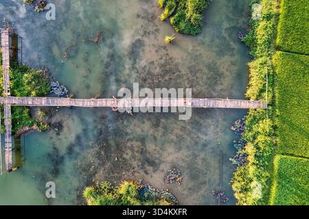 Blick von oben auf Dorfbewohner, das Fahrrad auf einer Holzbrücke über den ländlichen Teich und das Reisfeld auf dem Land führt Stockfoto