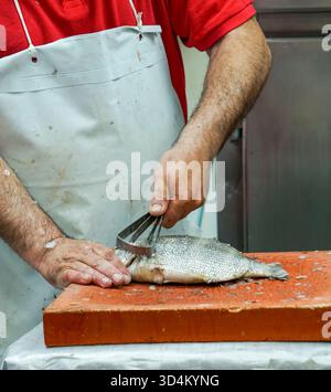 Fischhändler, der frischen Fisch auf dem lokalen Markt reinigt Stockfoto