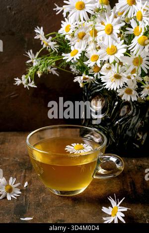 Glasbecher Kräuterkamillentee mit weißen Gänseblümchen in Vintage Vase auf Holztisch. Natürliches Wellnessgetränk-Konzept mit frischer Blütendekoration. Stockfoto
