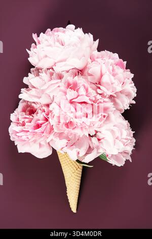 Kreatives Blumenarrangement mit rosafarbenen Pfingstrosen in einer Eiskugel vor einem satten burgunderroten Hintergrund. Stockfoto