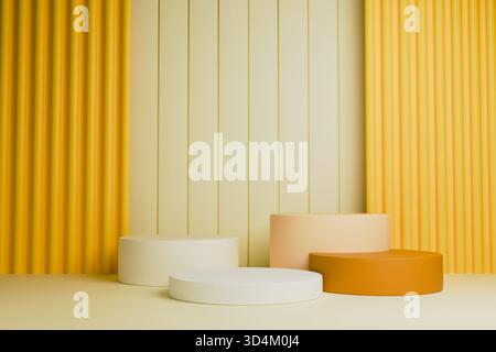 Vier gelbe zylindrische Podeste sind auf einer Fläche gegen eine Szene angeordnet Stockfoto