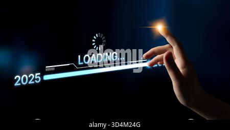 Visualisierung der Verschiebung von 2025 auf 2026. Fortschrittsbalken symbolisiert Fortschritt, strategische Vorausschau, jährliche Zielsetzung und Unternehmenstransformation Stockfoto