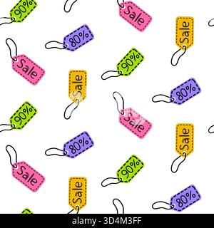 Bunte Verkaufsetiketten zeigen verschiedene Rabatte von 80 und 90 . Die Tags sind in einem verspielten Muster auf einem hellweißen Hintergrund angeordnet, ideal für Promotio Stock Vektor