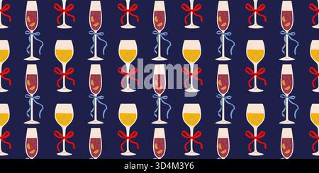 Dekoratives Muster gefüllt mit verschiedenen Gläsern, gebunden mit Bändern in violetten, gelben und roten Tönen auf dunkelblauem Hintergrund, ideal für Partybegeisterte Stock Vektor
