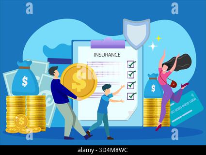 Glückliche Familie schützt Geld Vektor Illustration isolierter Vater hält Silbermünzen Mutter und Sohn schützen Bankeinlagen. Financial Security und BU Stock Vektor