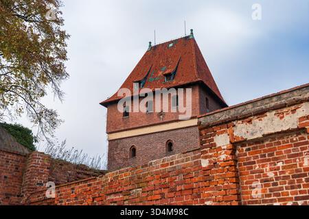 Der gotische Deutschturm erhebt sich über zinnenbewegten Mauern auf der Burg Malbork in Malbork, Polen. Bewölktes Tageslicht und herbstliche Bäume zeigen Textur und Angula Stockfoto