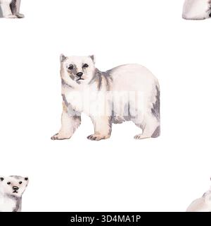 Aquarellfarbe Winter nahtloses Muster mit Eisbär isoliert auf weiß. Realistisches Design mit weißem Bären für Hintergründe, Verpackungen, Dekoration, Banner Stockfoto