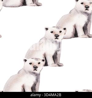 Aquarellfarbe Winter nahtloses Muster mit Eisbär isoliert auf weiß. Realistisches Design mit weißem Bären für Hintergründe, Verpackungen, Dekoration, Banner Stockfoto