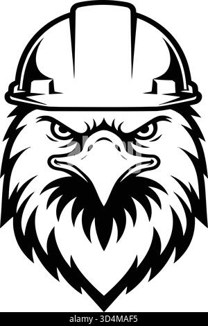 Eine starke schwarz-weiße Vektor-Illustration eines Adlers, der einen Bauhelm trägt. Das Gesicht des wilden Adlers ist mit scharfen Linien und Details gezeichnet Stock Vektor