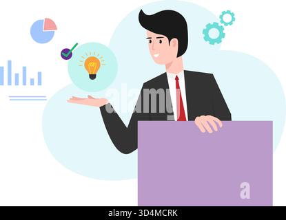 Geschäftsidee, Planstrategie und Lösungskonzept. Geschäftsmann hat Lösung, Ideen für die Glühlampe Metapher. Konzept der neuen Idee, des Denkens, der Innovation, Stock Vektor