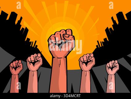 Hände und Fäuste von Menschen verschiedener Nationalitäten und Rassen in der Luft erhoben. Protest und Streik. Für ihre Rechte kämpfen. Männer und Frauen drücken ab Stock Vektor