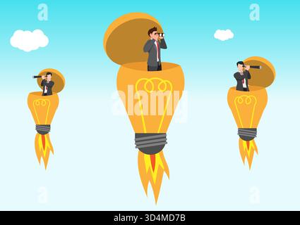 Die Idee eines Unternehmers, eine Glühbirne zu öffnen, die ein Fernglas verwendet, um die Geschäftsvision zu sehen. Kreativität, um Geschäftschancen zu erkennen, Vision, um neue Lösungen zu entdecken Stock Vektor
