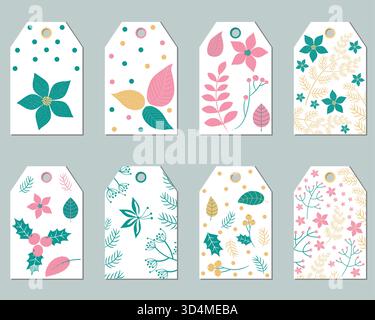 Vektor-Satz von Weihnachtsgeschenk-Tags mit Laub - Weihnachtsstern Blätter, Zweige, Blumen und Beeren in rosa und grünen Farben Stock Vektor