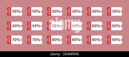 Eine Sammlung von Couponsymbolen , die Rabatte zwischen 10 und 95 darstellen . Perfekt für Werbeaktionen, Verkäufe, Gutscheine und Marketingprojekte Stock Vektor