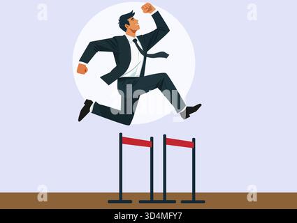 Illustration des flachen Vektors. Geschäftsmann, der über Hindernisse springt Stock Vektor