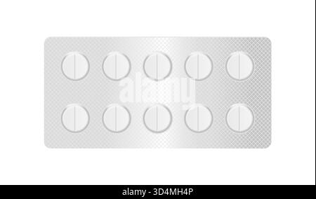 Realistische 3D-Vektor-Illustration einer Blisterpackung mit Pillen, entwickelt für die Behandlung von Krankheit und Schmerz. Die Verpackung enthält Tablets Stock Vektor