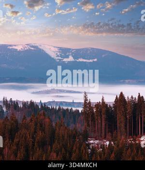 Der frühe Frühling Karpaten plateau Landschaft mit schneebedeckten Grat tops in weit, Ukraine. Stockfoto
