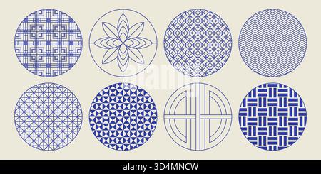 Japanisches Kreismuster mit traditionellen asiatischen Rahmen und orientalischen Designelementen. Vektorsammlung von blauen geometrischen Symbolen und dekorativen Linien in Vintage Kimono Kunst. Klassische orientalische Motive. Stock Vektor