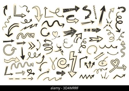 Scrapbook-Set mit Papierpfeilausschnitt, gerissenen Kritzeleien-Collage-Elementen. Sammlung Y2K Swirl, nach oben und unten, nach rechts und links. Vektorabbildung Stock Vektor