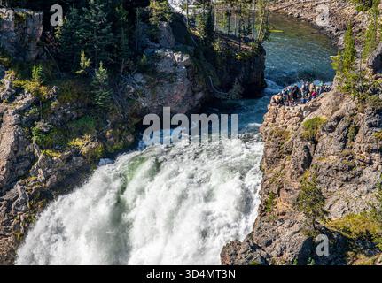 Besucher, die sich am Rande der Lower Falls des Yellowstone River befinden, sehen sie vom Artist Point im Yellowstone National Park, Wyoming, USA. Stockfoto