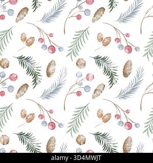 Nahtloses Aquarellmuster mit Fichtenzweigen, Beeren und Tannenzapfen. Weihnachtsyuletid-Textur für Geschenkpapier, Stoff oder Textil. Stockfoto