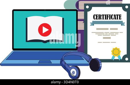 Abbildung einer Online-Schulung mit einem Laptop, der eine Videostunde sowie Bücher, Kopfhörer und eine Abschlussbescheinigung anzeigt. Ideal für Stock Vektor