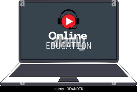 Eine digitale Abbildung eines Laptops, auf dem der Text „Online-SCHULUNG“ mit einem Headset und einem Symbol für die Wiedergabetaste auf dem Bildschirm angezeigt wird. Repräsentiert virtuelles Lernen und e Stock Vektor