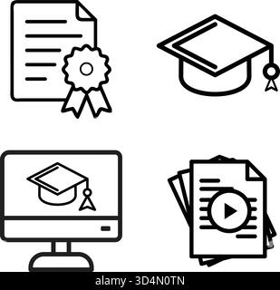 Eine Reihe von umrissenen Vektorsymbolen, die verschiedene Aspekte der Bildung, des Online-Lernens, des Abschlusses, der akademischen Leistung und der digitalen Kurse für uns darstellen Stock Vektor