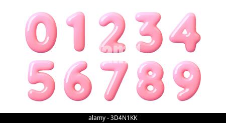 Pinkfarbene 3D-Ballonnummern mit glänzender Textur und sanften Reflexen. Niedliche aufblasbare Schriftart im Y2K-Stil. Realistische Ziffern aus Kunststoff für lustiges Design Stock Vektor