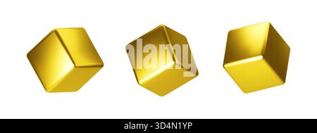 Goldene 3D-Würfel mit metallischem Farbverlauf und realistischem Glanz. Abstrakte geometrische Formen im luxuriösen Stil. Vektor-Rendering von Goldkästen für modernes Design Stock Vektor