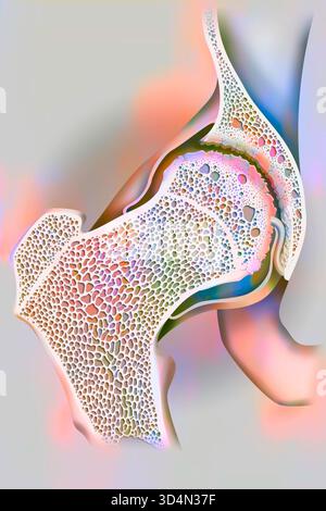 Hüftarthrose (Hüftkopf und Acetabulum). Der Knorpel am Oberschenkelkopf und Acetabulum ist abgetragen, Osteophyten (knöcherne Wucherungen) haben sich gebildet. Stockfoto