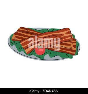 Speckfleisch oder amerikanisches, englisches Essen auf dem Teller. Vector knusprige gebrannte Schweinebraten zum Frühstück oder Brunch. Beilage-Symbol für salzige Küche. Snack oder Garnierung. Gegrillte Essensstreifen. Kulinarisch. Stock Vektor