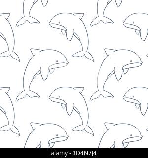 Nahtloses Dolphin-Muster im Line-Art-Stil. Silhouette eines Unterwasser-Säugetieres auf weißem Hintergrund. Stock Vektor